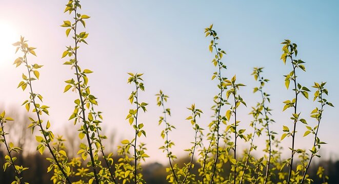 delicate spring branches of various lengths arranged randomly, open airy composition with calm negative space, young light-green leaves