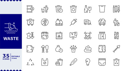 Waste and Rubbish icon set featuring minimal line symbols for garbage, trash bins, recycling, ecology, pollution control, and sustainable waste management concepts