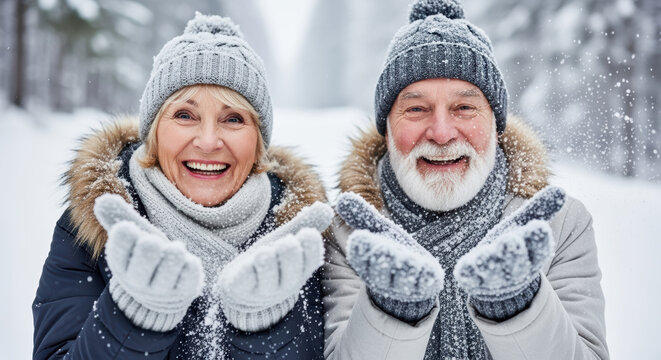 Happy elderly couple enjoying playful moments together outside in winter forest, smiling and catching fresh snowflakes during snowfall