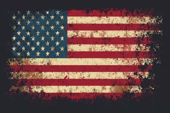 Weathered representation of a national banner featuring stars and stripes against a dark background