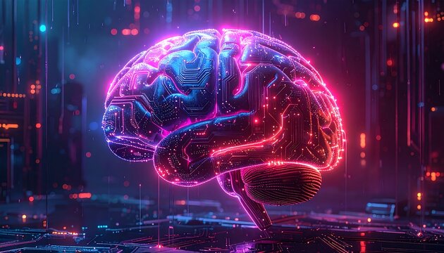 Futuristic Brain Illustration with Neon Lights and Circuitry.