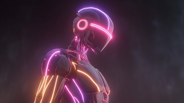Futuristic synthetic being glows with vibrant neon illumination against a dark backdrop - Powered by Adobe