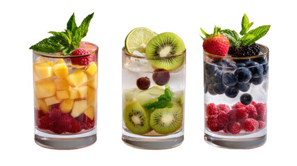 Rainbow Fruit Infusions: A vibrant trio of colorful fruit-infused beverages, each glass a testament to the refreshing symphony of natural flavors.