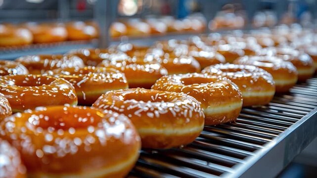 Freshly made glazed donuts are cooling on a rack in a busy bakery. The warm, golden treats glisten with sweet glaze under bright lights, attracting eager customers
