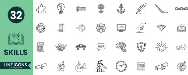 Skills Line Icons Set 32 Personal Development, Professional Abilities, Learning, and Talent Outline Vector Illustrations