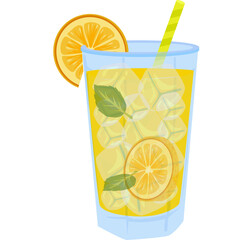 Refreshing Lemonade Drink With Ice Citrus Slices And Mint Leaves Garnished With Orange Slice And Yellow Straw In A Tall Clear Glass With Transparent Background