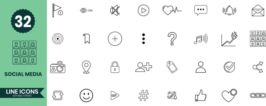 Social Media Line Icons Set 32 Communication, Online Interaction, Engagement, and Digital Content Outline Vector Illustrations