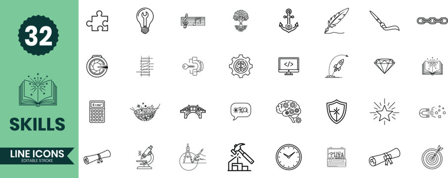 Skills Line Icons Set 32 Personal Development, Professional Abilities, Learning, and Talent Outline Vector Illustrations