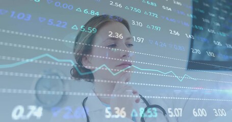 Clinician touching translucent numeric charts after overlay prompt, analyzing metrics for diagnosis