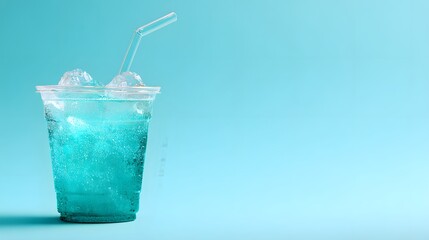 Cold blue sparkling beverage with ice and straw rests against a bright cyan background