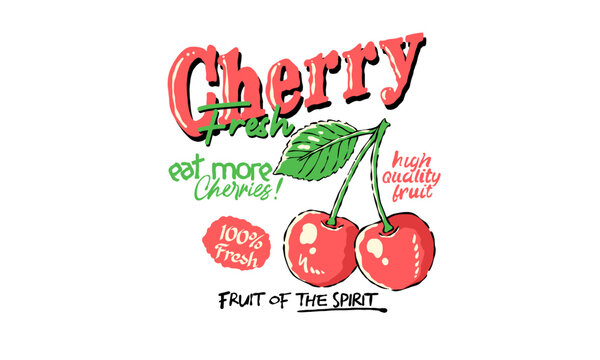 Retro artwork of two fresh cherries with a leaf. Vintage illustration with Fruit of the Spirit quote for t shirt print