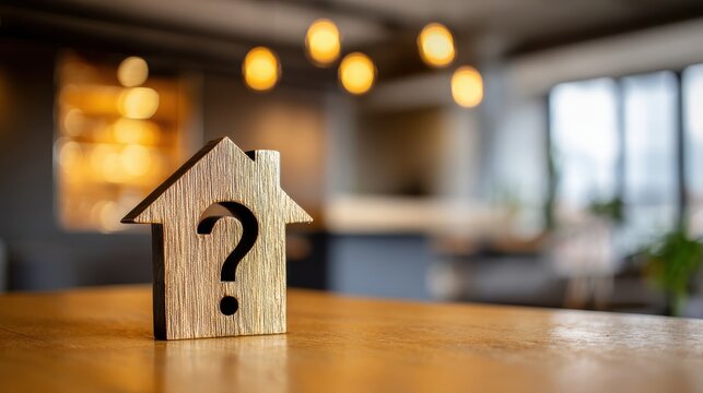 Wooden house symbol with a question mark representing uncertainty in real estate decisions in a modern interior space with warm lighting and soft focus