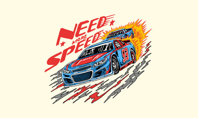 drift racing car artwork. Vintage motorsport illustration with Need More Speed text for a poster. © Irfan