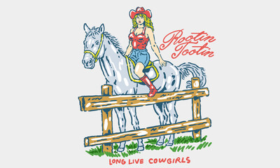 Obraz premium vintage artwork of a pinup style cowgirl sitting on a horse. Retro Rootin Tootin illustration for a t shirt print