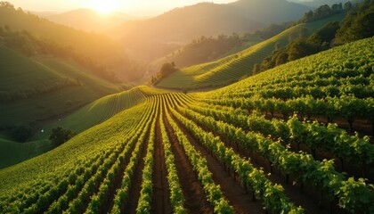 Obraz premium Green vineyard rows on rolling hills at sunset. Golden sun beams through hazy atmosphere illuminating rich grape plants. Rural landscape, organic farming, agriculture.