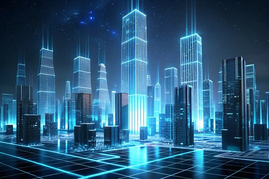 Futuristic glowing blue digital cityscape with illuminated skyscrapers