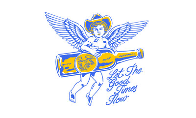 monochrome illustration of a cowboy angel with a beer bottle. Retro good times artwork for a t-shirt