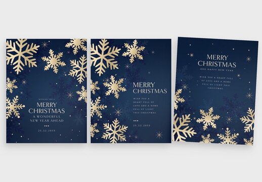 Christmas Poster Template in Blue & Gold Hues with Minimal Falling Snowflake Vector Illustrations