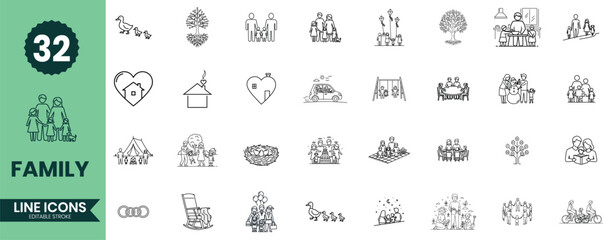 Family Line Icons Set 32 Parenthood, Relationships, Children, and Home Life Outline Vector Illustrations