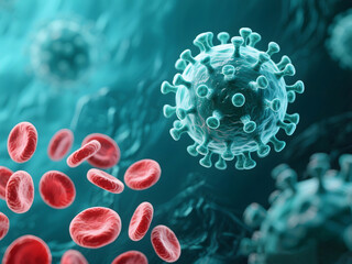 3D medical illustration of virus particles and red blood cells under microscope, health and infection concept in blue background light