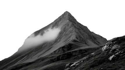 Majestic Mountain Peak in monochrome: A towering mountain peak rises towards the sky, its rugged slopes partially veiled by wisps of ethereal fog, offering a captivating monochromatic landscape