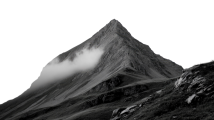 Majestic Mountain Peak in monochrome: A towering mountain peak rises towards the sky, its rugged slopes partially veiled by wisps of ethereal fog, offering a captivating monochromatic landscape