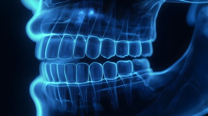 Illuminated blue visualization depicts human dental structure and jaw alignment