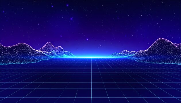 Futuristic landscape with grid, mountains, and starry sky bathed in neon blue light