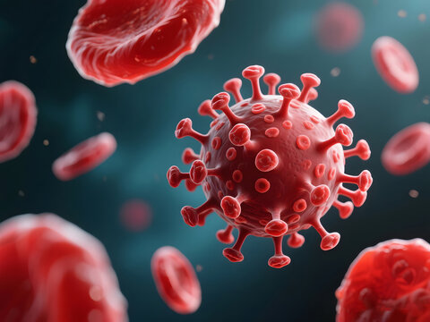 3D illustration of red virus cell surrounded by red blood cells under microscope, medical concept of infection and immune system reaction