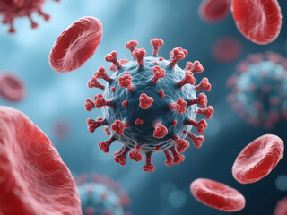 Microscopic 3D render of COVID virus among red blood cells in human bloodstream, realistic illustration of infection and immune response