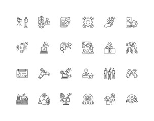 A collection of 24 public reality icons including media, relationships, crisis, management, press release, stakeholders, engagement, brand, thin line graphic icon illustrations on a white background.