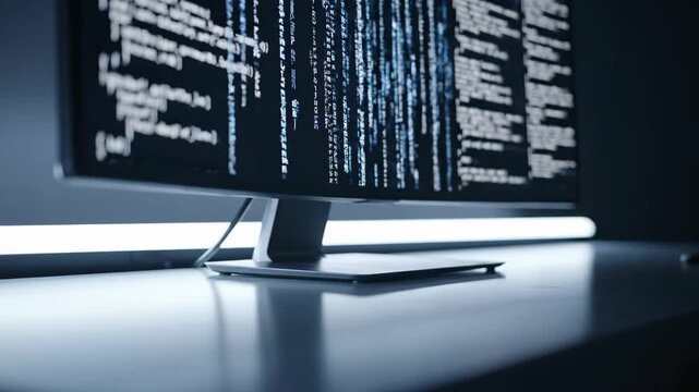 Closeup of computer monitor displaying coding with dark background and bright text in a modern office setting