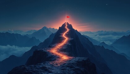 Glowing path leads up mountain peak to flag at summit. Overcoming challenges, achieving goals, business progress concept. Night sky with stars.