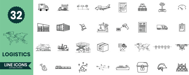 Logistics Line Icons Set 32 Shipping, Delivery, Supply Chain, and Transportation Outline Vector Illustrations
