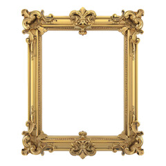 Elaborate gold rectangular picture frame with ornate scrollwork antique baroque isolated on a transparent background
