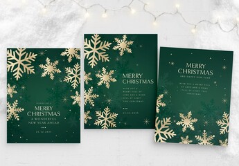 Christmas Poster Template in Green & Gold Hues with Minimal Falling Snowflake Vector Illustrations