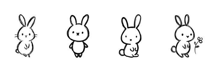 Fototapeta premium Cute Bunny Characters Line Icon Set In Doodle Style. Adorable Rabbit Illustrations With Playful Expressions Outline Sketch Collection. Hand Drawn Isolated Vector Illustration