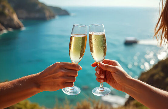 Couple toasting champagne glasses on sea cliff. Hands holding glasses with bubbly drink overlooking ocean bay. Lovers celebrate romantic vacation with bubbly wine on cliff.
