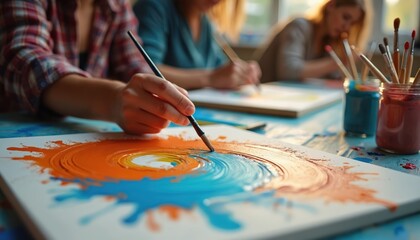 People paint canvas in art class creating abstract designs. Adults learn creativity, self expression, relaxation in workshop. Hand holds brush making colorful swirl patterns.