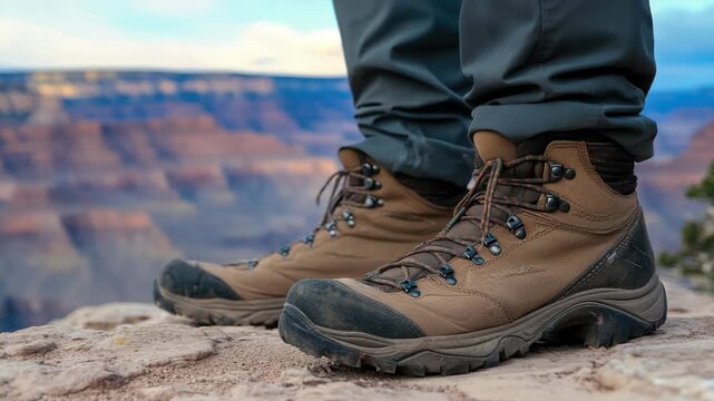 Hiking boots with multiple straps and a sturdy design.