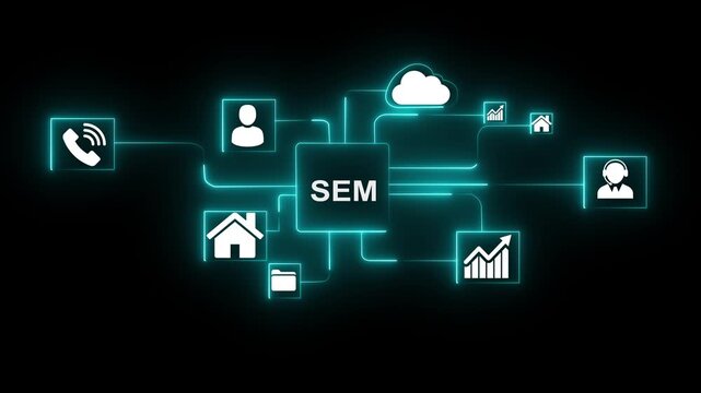 Glowing neon Digital Marketing Cloud S E M Strategy Icons Connected Network Business Growth Teamwork Concept. SEM Search Engine Optimization Marketing Ranking concept for website