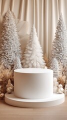 Elegant Christmas Product Display with White Podium and Trees.
