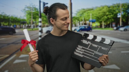 Man holding film clapperboard and rolled diploma tied with red ribbon on urban street crossing,...