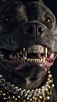 Close-Up Portrait of Muscular Pitbull Dog Wearing Diamond Grillz and Metallic Fangs, Luxury Hip-Hop Jewelry with Gold Chain Collar