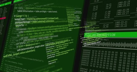 Dark frame pulling, green UI revealing code panel and File  ENCRYPTION dash, aligning monitoring - Powered by Adobe