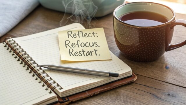 Open journal with pen and tea cup inspiring self reflection