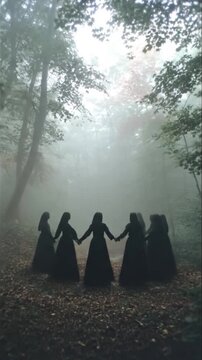 Circle of Fairy-Like Women Holding Hands in Foggy Forest with Transparent Wings and Long Black Dresses 