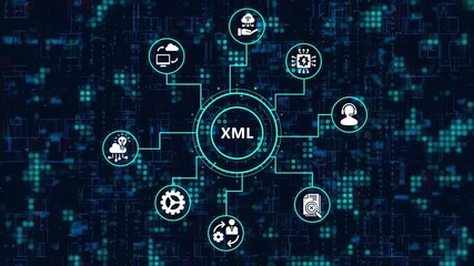 Xml data management and processing concept on abstract dark blue background xml is a markup language that defines a set of rules for encoding documents - Powered by Adobe