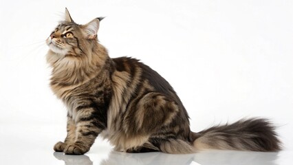Fototapeta premium Photorealistic studio portrait of a majestic Norwegian Forest Cat with a luxurious coat, isolated on a clean white background.
