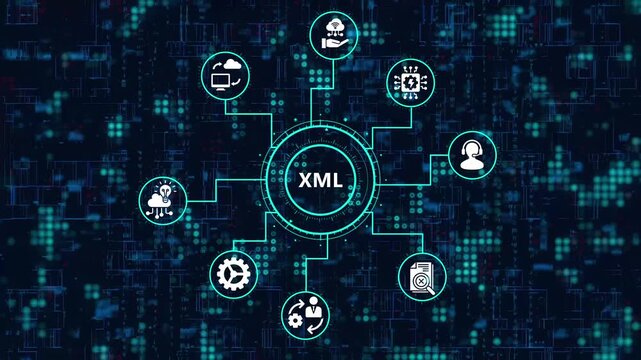 Xml data management and processing concept on abstract dark blue background xml is a markup language that defines a set of rules for encoding documents